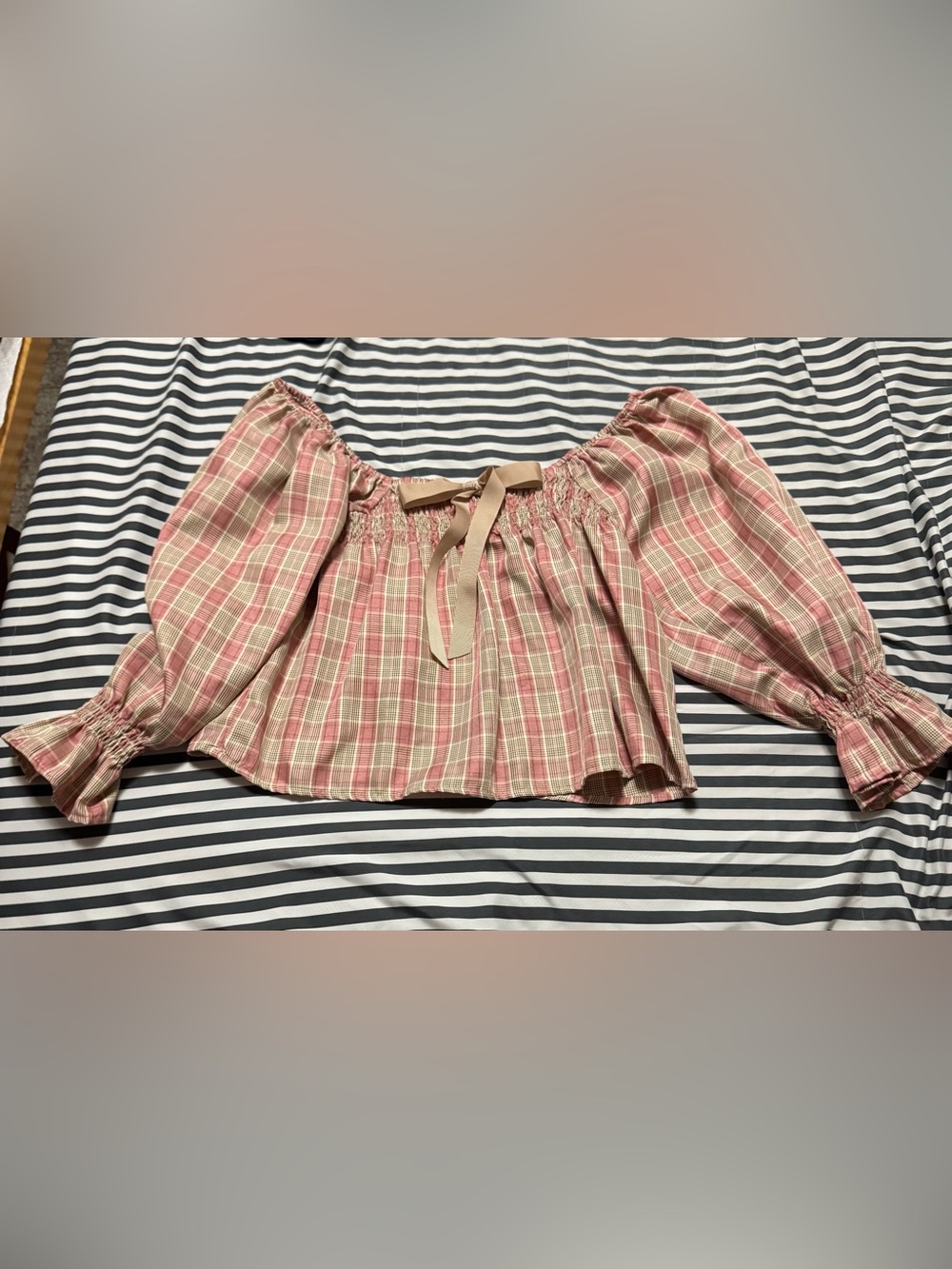 Day + Moon Off-Shoulder Pink Plaid Peasant Blouse